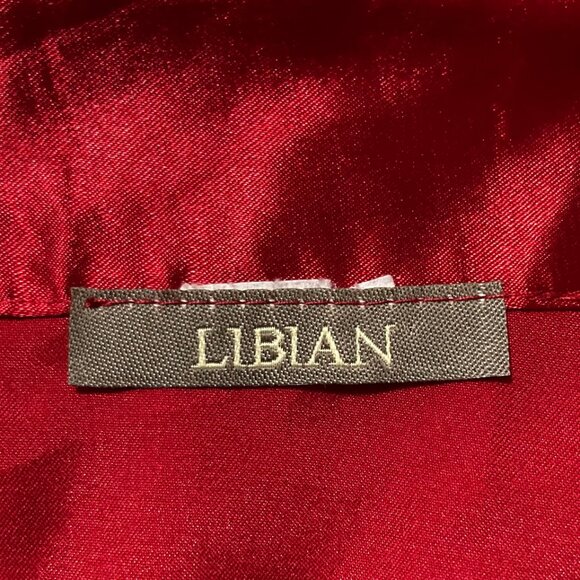 LIBIAN Vintage red satin and black short-sleeve blouse w/ belt ~  LARGE XL shirt - Picture 2 of 13
